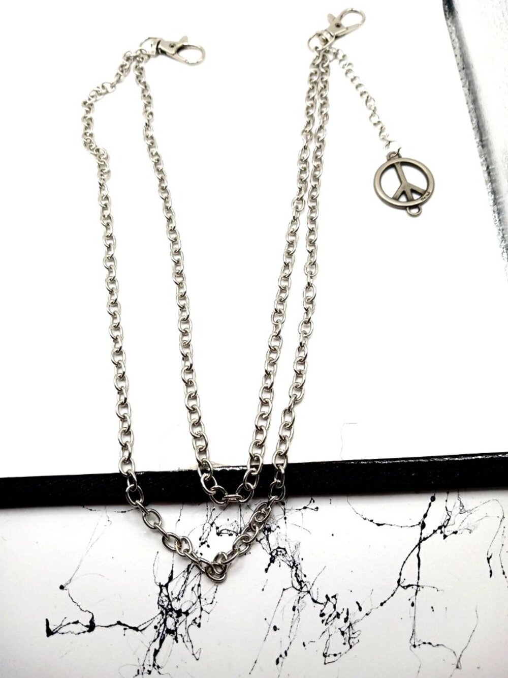Double Layer Peace Sign Pants Or Wallet Chain 19" Silver Tone